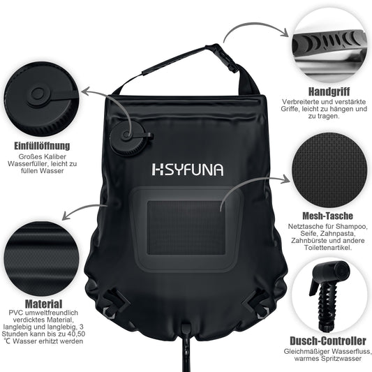 HSYFUNA Camping Shower, 5 Gallons/20L with Temperature Display Solar Shower Camping, Hot Water 45°C Camping Shower Outdoor, for Hiking Climbing