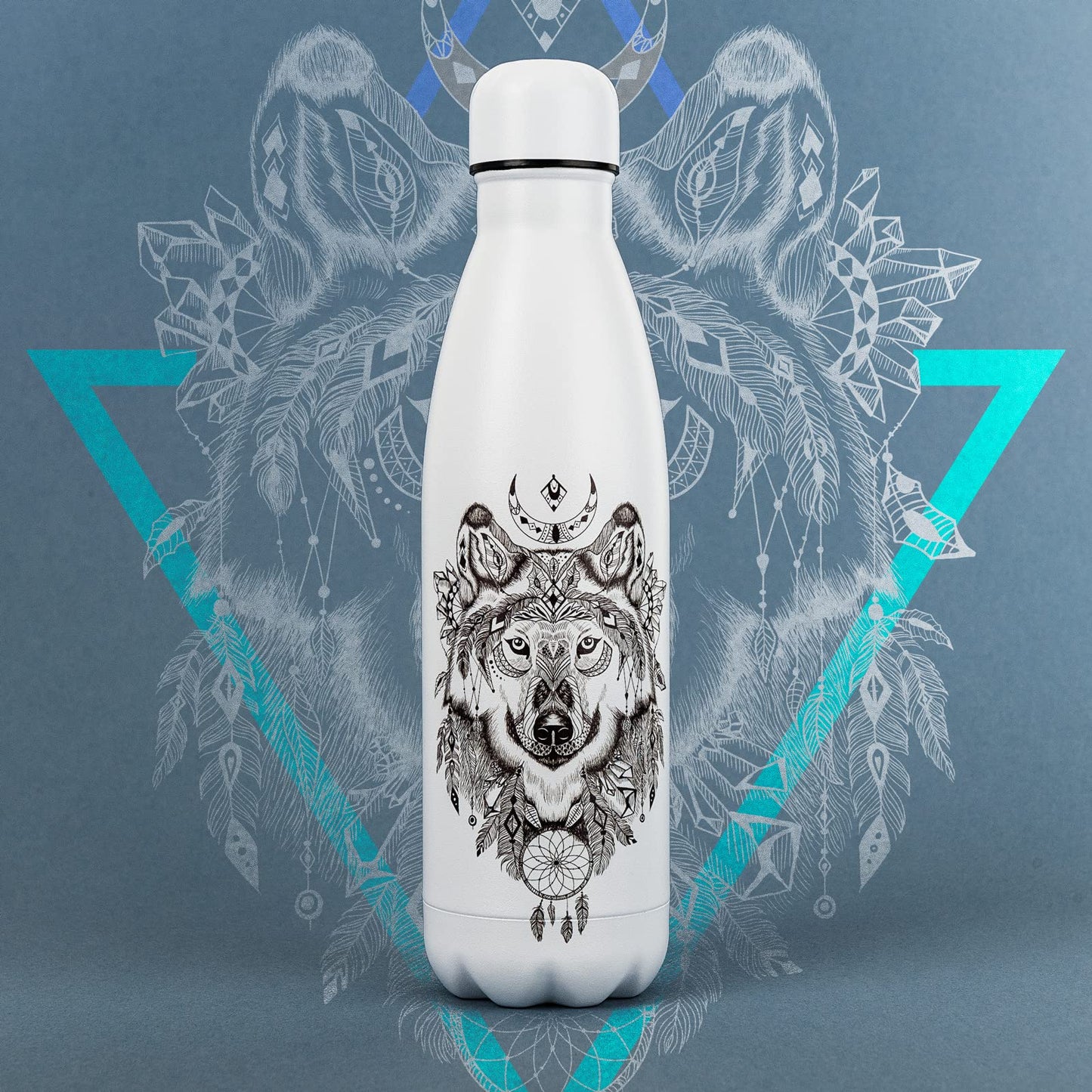 Proworks Stainless Steel Water Bottle | 24 Hrs Cold & 12 Hrs Hot - Vacuum Insulated Bottle for Sports, Running, Biking, Yoga, and Camping - 500ml - All White - Wolf Aztecs