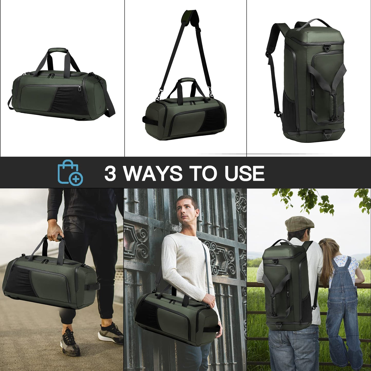 Men's duffel bag with shoe compartment, wet pocket, and water-resistant material. 40L capacity, perfect for gym, travel, or weekend trips. Suitable for both men and women. (Dark green)