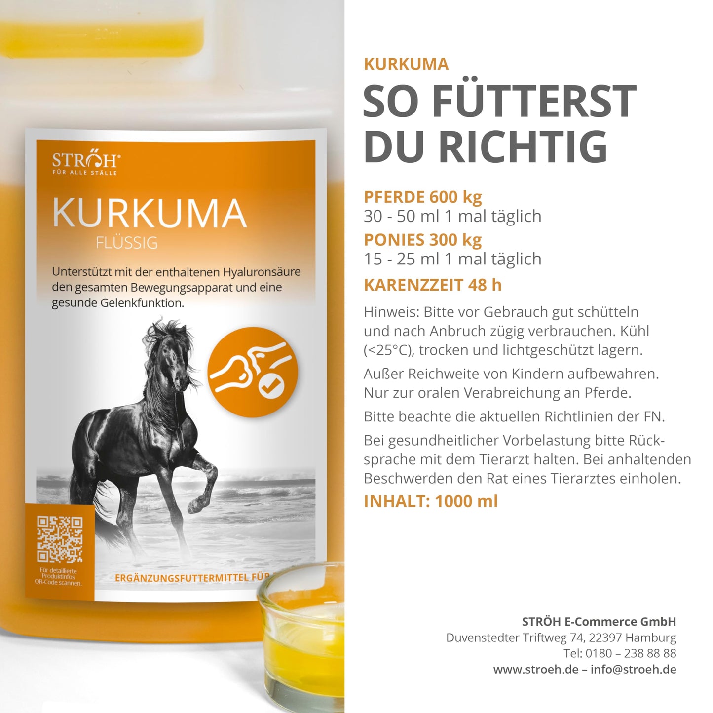 STRÖH Turmeric for Horses (1L dosing bottle) • Supports healthy joint function in horses • Strengthens cartilage, ligaments, joints & tendons