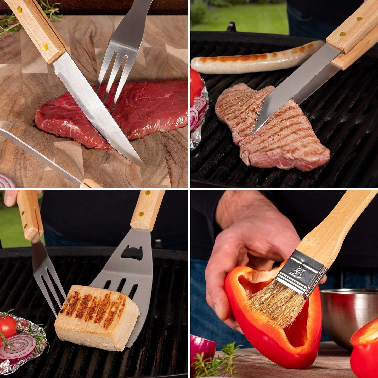 BBQ utensil set (5 pieces): Includes grill tongs, meat fork, grill knife, brush, and grill spatula. Comes with carrying bag, perfect grilling accessories for men. Made of stainless steel.