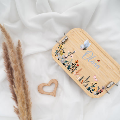 Kidsmood - Personalized lunch box for kids with compartments, stainless steel lunchbox with bamboo lid. Printed without harmful substances, featuring cute animal design & name. Perfect back-to-school gift for girls & boys.