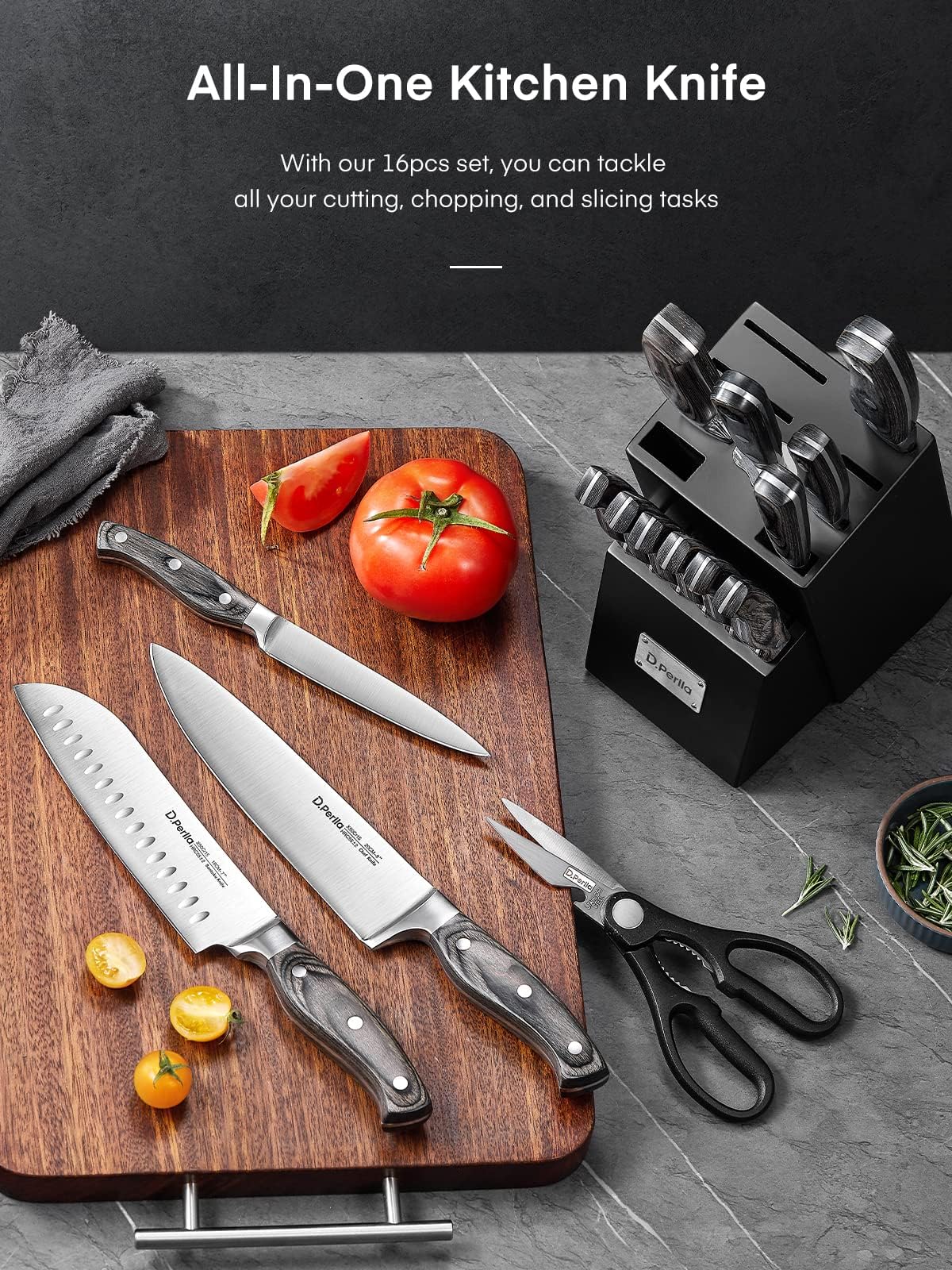 D.Perlla knife block, 16-piece knife set with wooden handles, stainless steel kitchen knives set with wooden block, professional chef's knives with sharpening steel, black. Perfect gift for Mother's Day.