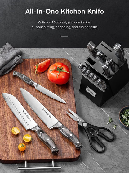 D.Perlla knife block, 16-piece knife set with wooden handles, stainless steel kitchen knives set with wooden block, professional chef's knives with sharpening steel, black. Perfect gift for Mother's Day.