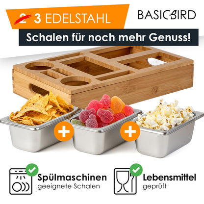 BASICBIRD® Couchbar Snackbox - Organizer Tray - Snack dispenser with 3X snack bowls - Wood sofa tray for sofa, decor, couch bar with drink holder - Snackbox with compartments - RV equipment