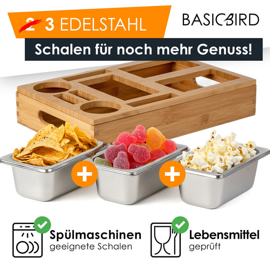 BASICBIRD® Couchbar Snackbox - Organizer Tray - Snack dispenser with 3X snack bowls - Wood sofa tray for sofa, decor, couch bar with drink holder - Snackbox with compartments - RV equipment
