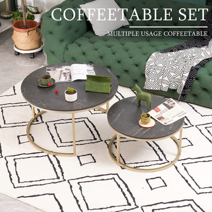 Soayone Round Coffee Table Set of 2, Black Marble Coffee Table with Gold Metal Frame, Round Side Table, Modern Living Room Table, Nesting Tables for Living Room Bedroom Balcony