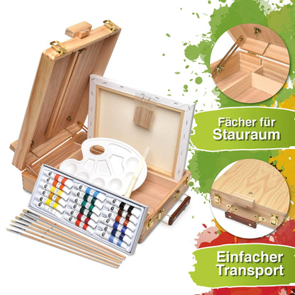 Artina 28 piece painting set Florence in a painting case - Acrylic paint set with portable easel - 18x 12ml acrylic paint, canvases, brushes & more - Premium wooden easel painting set for beginners & hobby artists.