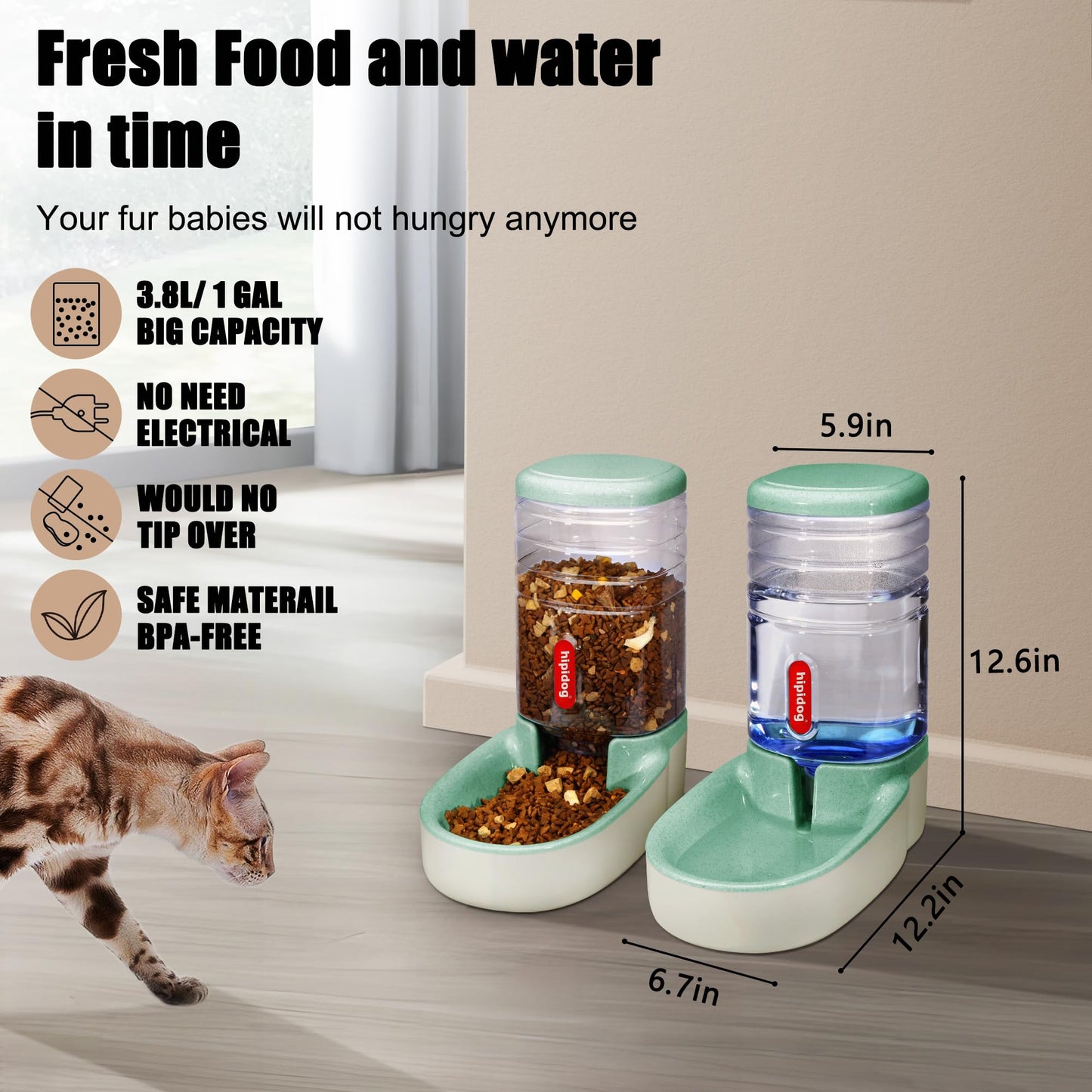 Automatic feeder for small and medium-sized pets, 3.8L, travel feeder and water dispenser for dogs, cats, pets (Green)