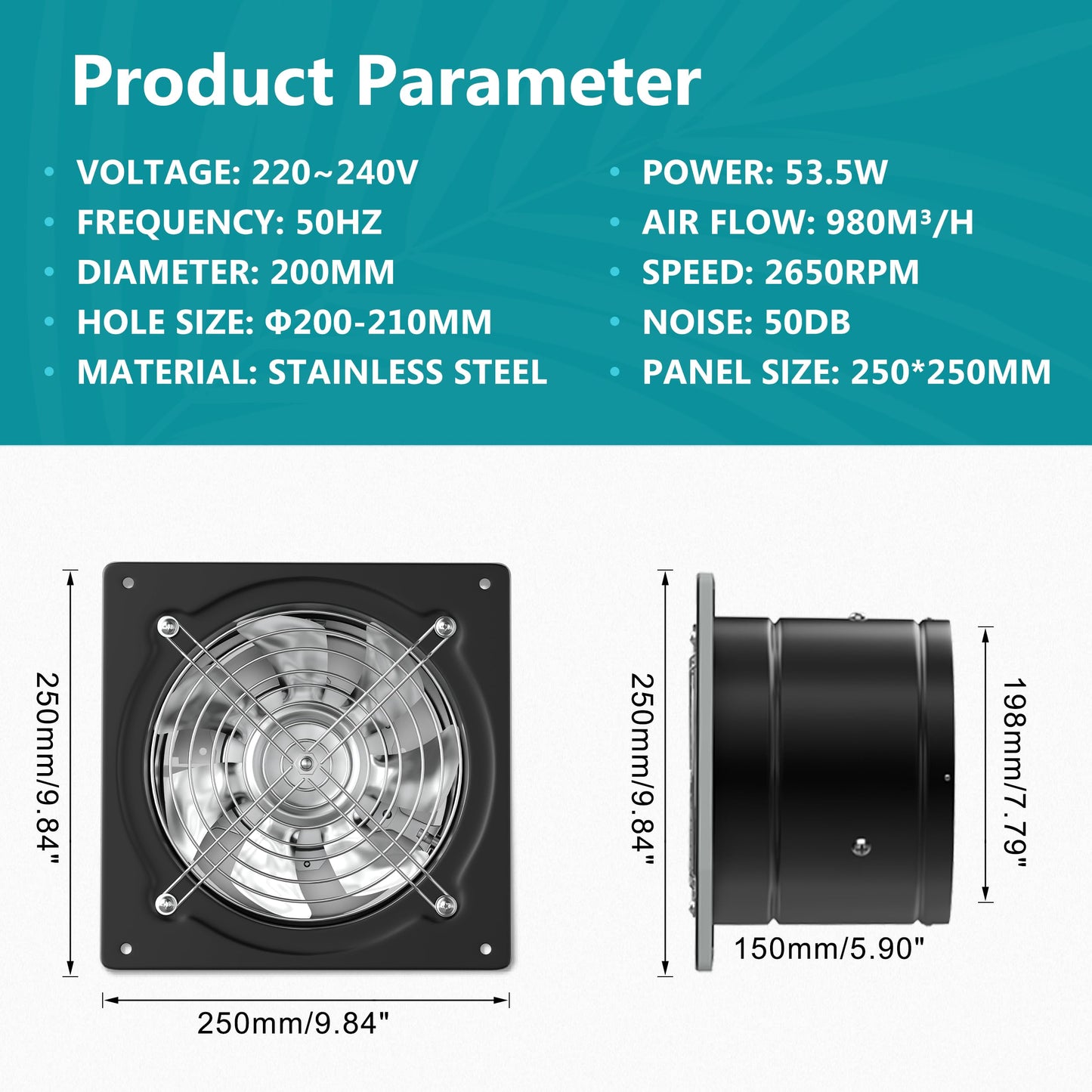 HG Power 200mm Exhaust Fan 980m³/h Bathroom Fan Quiet with Backdraft Damper Powerful Wall Fan with EU Plug for Kitchen Bathroom Garage Basement, Black