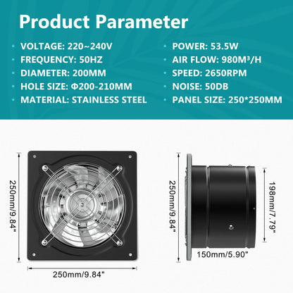 HG Power 200mm Exhaust Fan 980m³/h Bathroom Fan Quiet with Backdraft Damper Powerful Wall Fan with EU Plug for Kitchen Bathroom Garage Basement, Black