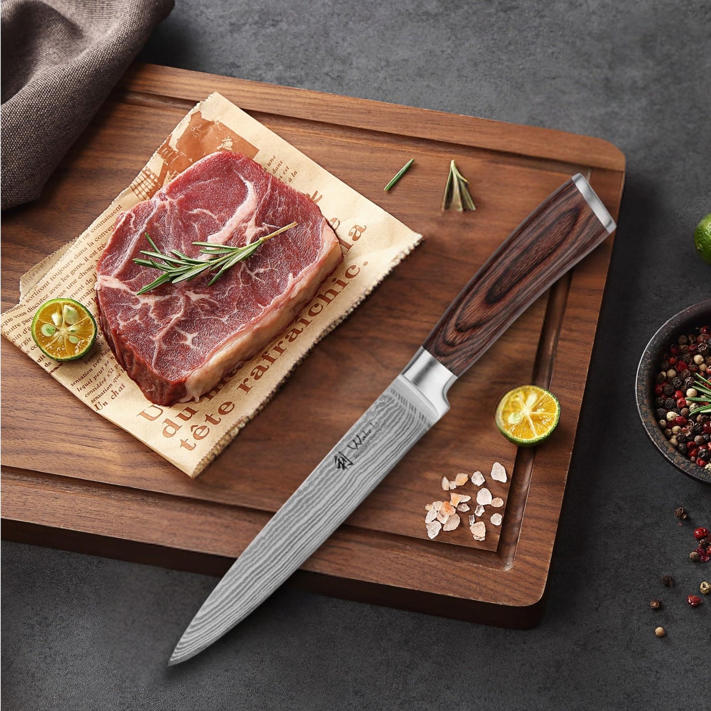 Wakoli EDIB 6-piece damascus knife set I Sharp kitchen knife set made of 67 layers of damascus steel with VG10 core & pakka wood handle I Chef's knife set in gift box I precise cutting & long-lasting sharpness