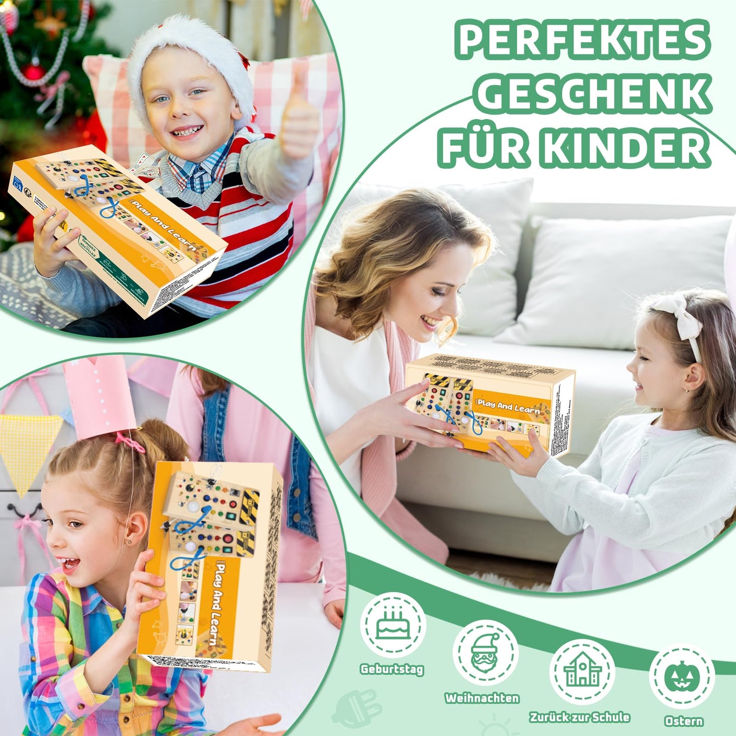 Montessori Busy Board Activity Board for 1 year and up. Wooden toy with 15 LED light switch toys. Sensory learning toy for babies and toddlers ages 1-3.