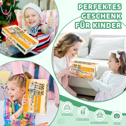 Montessori Busy Board Activity Board for 1 year and up. Wooden toy with 15 LED light switch toys. Sensory learning toy for babies and toddlers ages 1-3.
