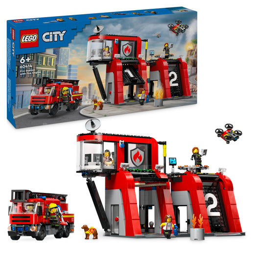 LEGO City Fire Station with ladder truck, fire playset & City Police Station with police car, garbage truck, and helicopter.