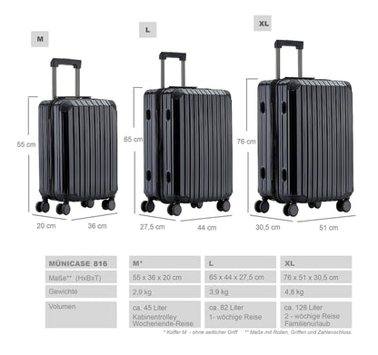 Münicase M816 TSA Lock Suitcase Luggage Set Hard Shell Suitcase Boardcase (Black, 3pc Set)