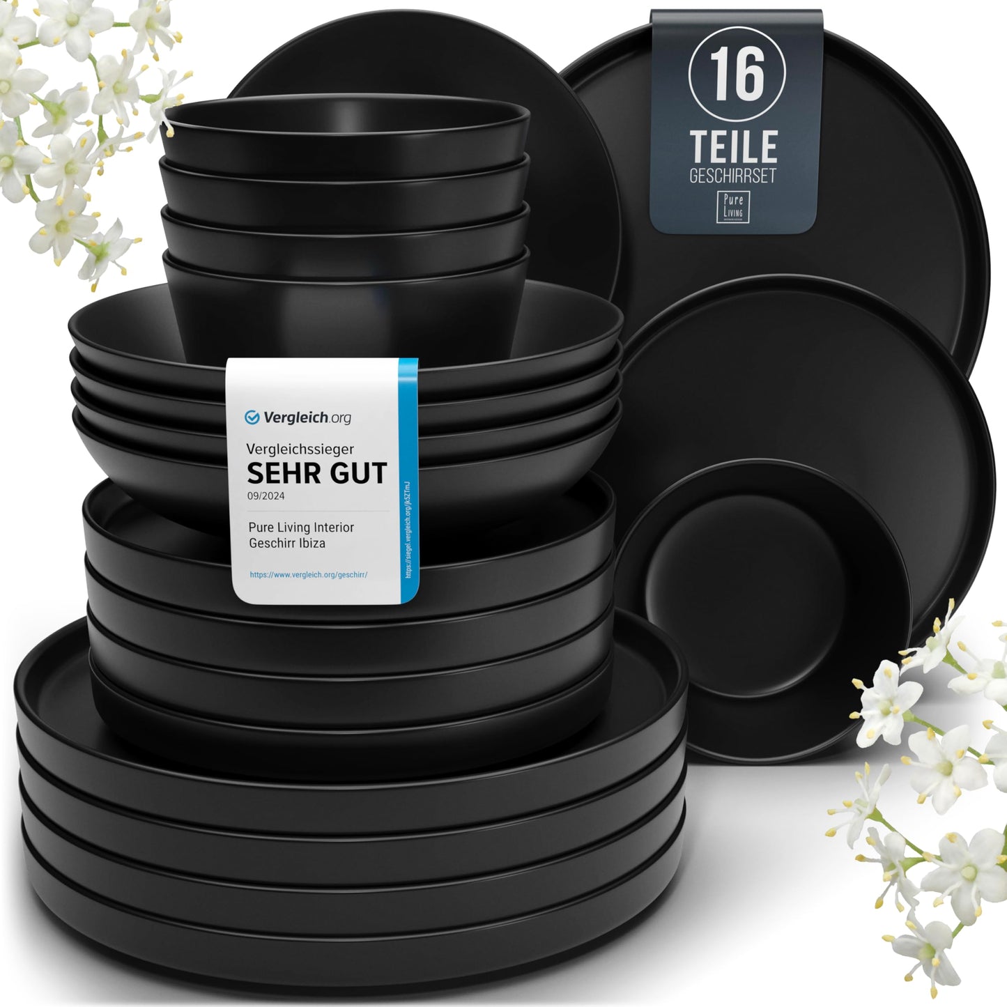 Stoneware dinnerware set for 4 people Manhattan 16 pieces. AWARD WINNER, Cool Urban Stoneware Dinner Set, Bowl and Plate Set, Tableware for 4 people, Pure Living dinner sets in matte black.