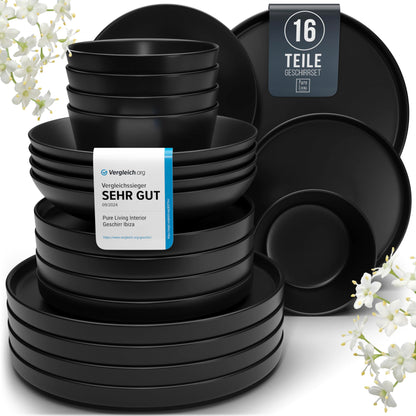 Stoneware dinnerware set for 4 people Manhattan 16 pieces. AWARD WINNER, Cool Urban Stoneware Dinner Set, Bowl and Plate Set, Tableware for 4 people, Pure Living dinner sets in matte black.