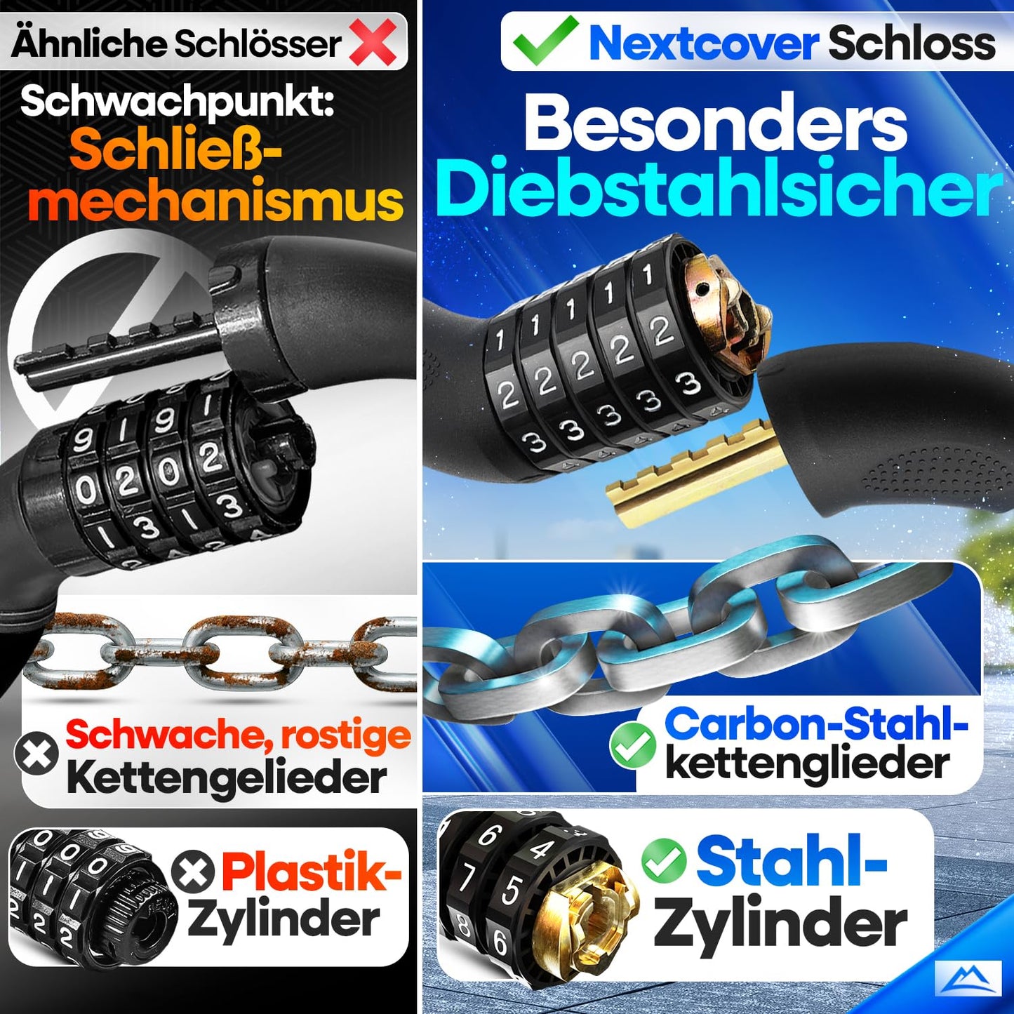 NEXTCOVER® Bike Lock with Combination - The Original - [SAFESECURE] high security I 5-digit combination code, bike chain lock steel I Lock for E-Bike I Chain lock