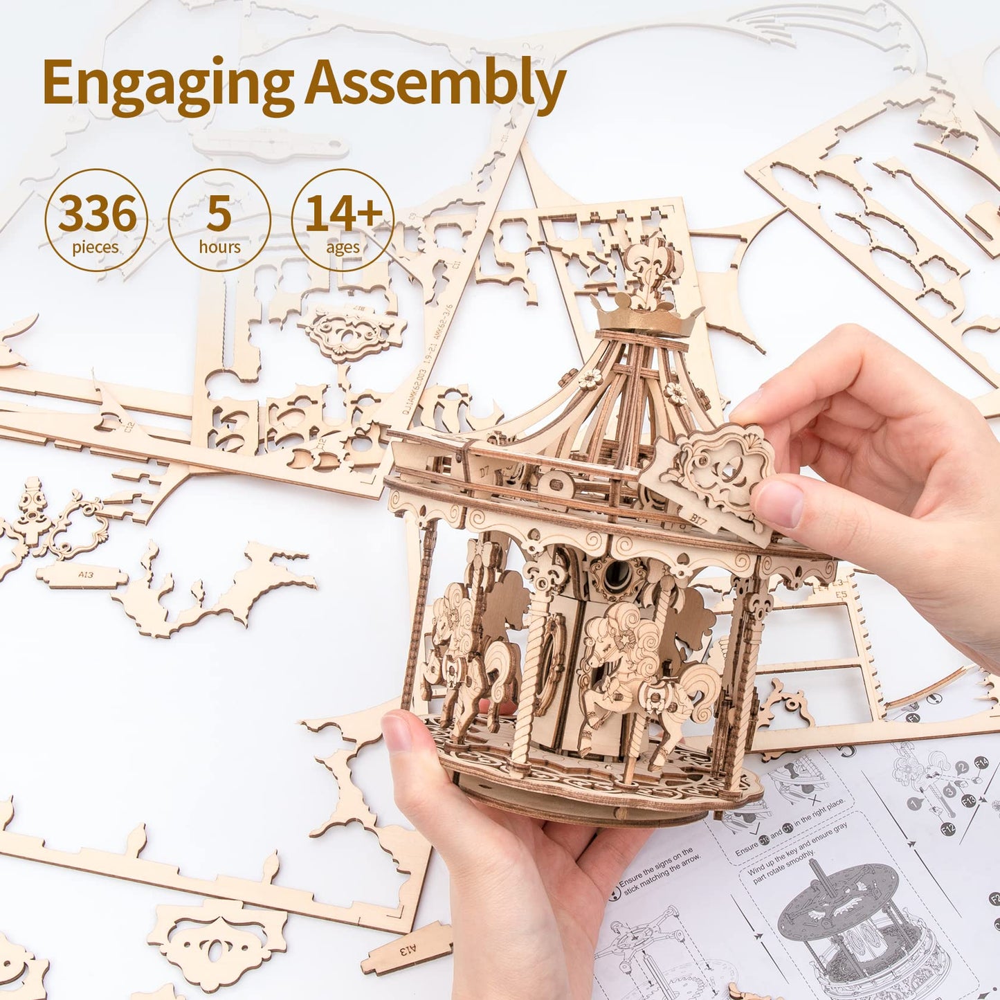 Robotime 3D Puzzle Wooden Carousel, laser-cut model kit for adults, DIY gift for Christmas & birthday gift.