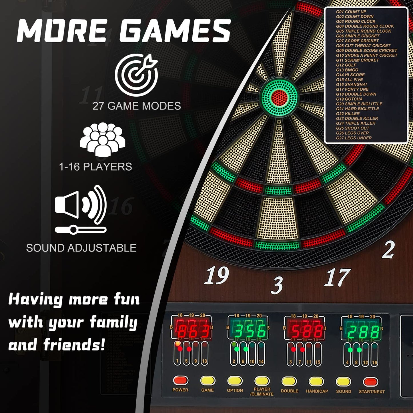 Brovamo dart board, Decorative dartboard cabinet set [12*soft tip darts], Electronic dartboard, Wooden cabinet doors with integrated scoreboard [Coffee]