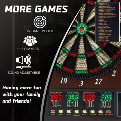 Brovamo dart board, Decorative dartboard cabinet set [12*soft tip darts], Electronic dartboard, Wooden cabinet doors with integrated scoreboard [Coffee]