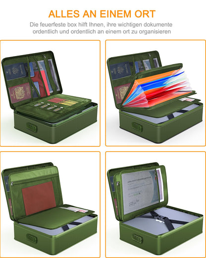 JUNDUN Document Organizer, Fireproof Document Bag with Lock, Document Storage Box with 7 Compartments, File Organizer, Portable Briefcase for Important Documents, File (Green)