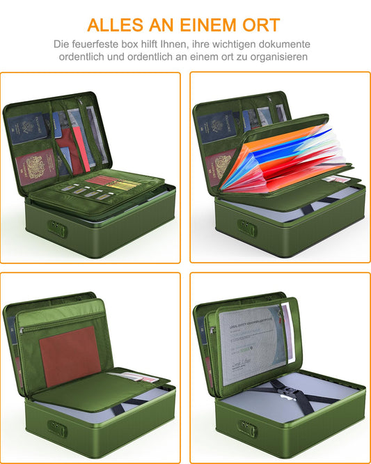 JUNDUN Document Organizer, Fireproof Document Bag with Lock, Document Storage Box with 7 Compartments, File Organizer, Portable Briefcase for Important Documents, File (Green)