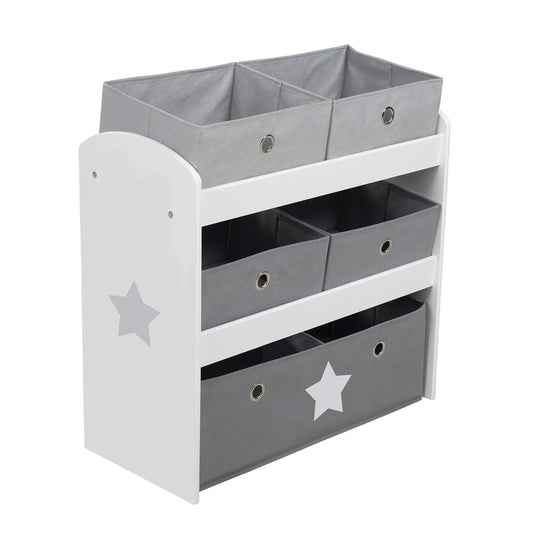 Roba Play Shelf Stars - Toy Shelf for Children's Room with 5 Fabric Boxes - with Star Motif - Storage Shelf for Boys and Girls - White Wood