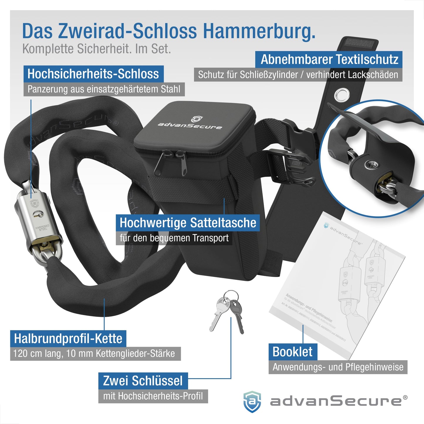 advanSecure® high-security chain lock with saddle bag | ideal for e-bikes | max. security level | 120 cm length, 10 mm chain links | hardened special steel