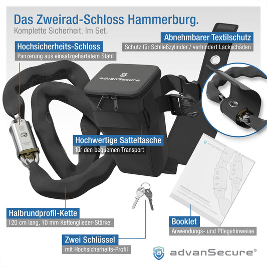 advanSecure® high-security chain lock with saddle bag | ideal for e-bikes | max. security level | 120 cm length, 10 mm chain links | hardened special steel