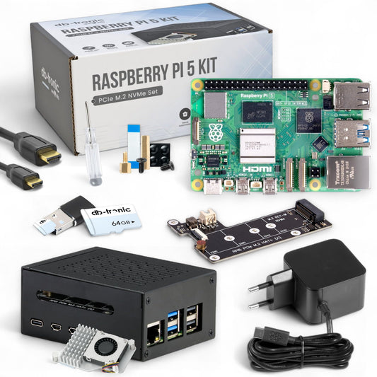Raspberry Pi 5 8GB PCIe M.2 NVMe - Set | Metal Case | Active Cooler | M.2 NVMe SSD PCIe Board | Official USB-C 27W Power Supply | 64GB Edition | 4K Micro HDMI
