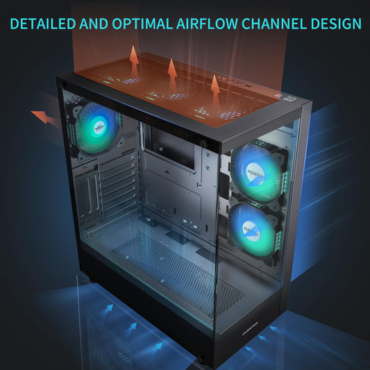 MUSETEX PC Case ATX Pre-installation 6 PWM ARGB Fans, Mid Tower ATX Computer Case with Panoramic Double Tempered Glass, Type-C Gaming PC Case, Black(K2)