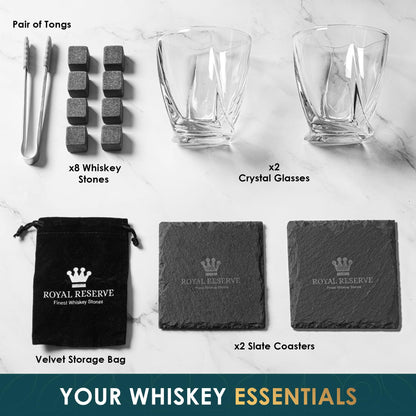 Whiskey gift set – Whiskey glasses, stones, ice tongs, coasters, wooden chest, velvet pouch, history and recipe cards – accessory set, gift for men, husband by Royal Reserve.