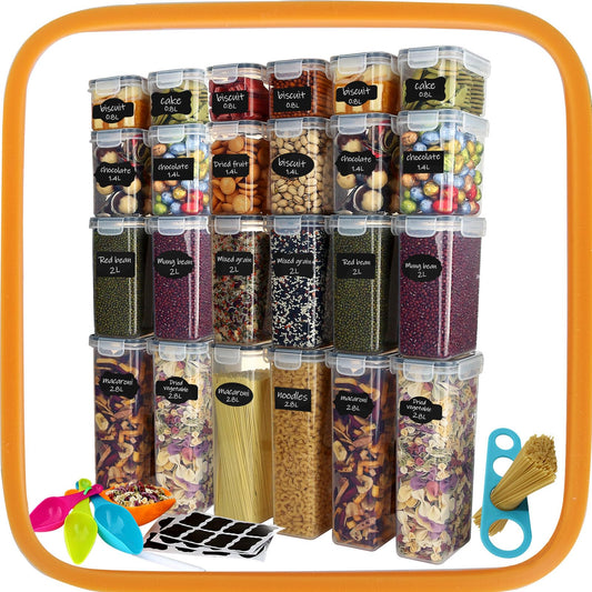 Hibisaws 42L Storage Containers With Lid Airtight, 24 storage boxes with lid, BPA-free, Perfect for storing all types of food, including 25cm long spaghetti.