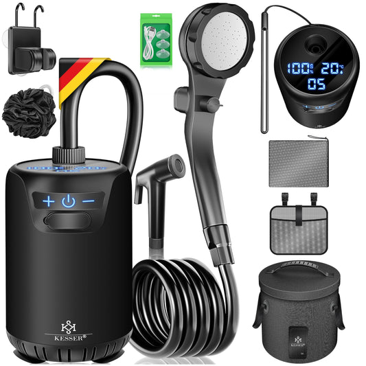 KESSER® Camping Shower Solar Shower with Pump & Rechargeable Battery 8000mAh Portable Shower | Camping Shower Set including adjustable Shower Head, 2m Hose, Spray Gun, Holder & 20L Water Tank