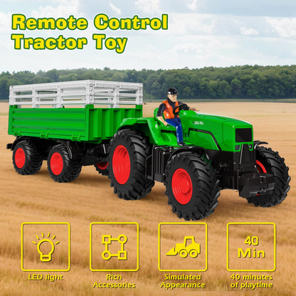 PENGBU RC Remote Control Tractor with Trailer, 2.4 GHz Remote Control Toy Tractor, Kids Tractor Remote Control with Front Loader, Trailer, Cow, Sheep, and Hay Bales for ages 3-8.