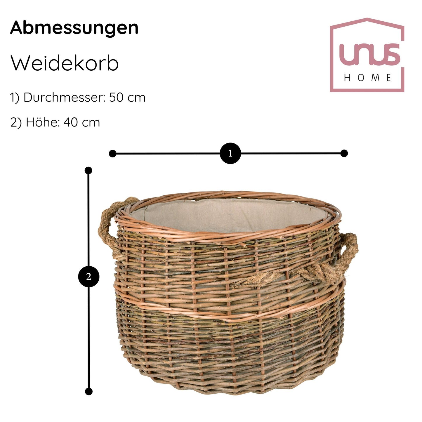 UNUS wicker basket made of willow for firewood storage, laundry, or decoration. Diameter 50cm.