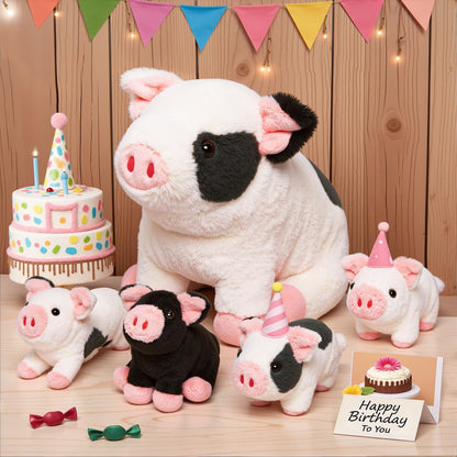 OUOZZZ 5 pieces pig plush toy, 23cm soft pig stuffed toy with 4 baby piglets inside - party birthday gift lucky pig decor for kids
