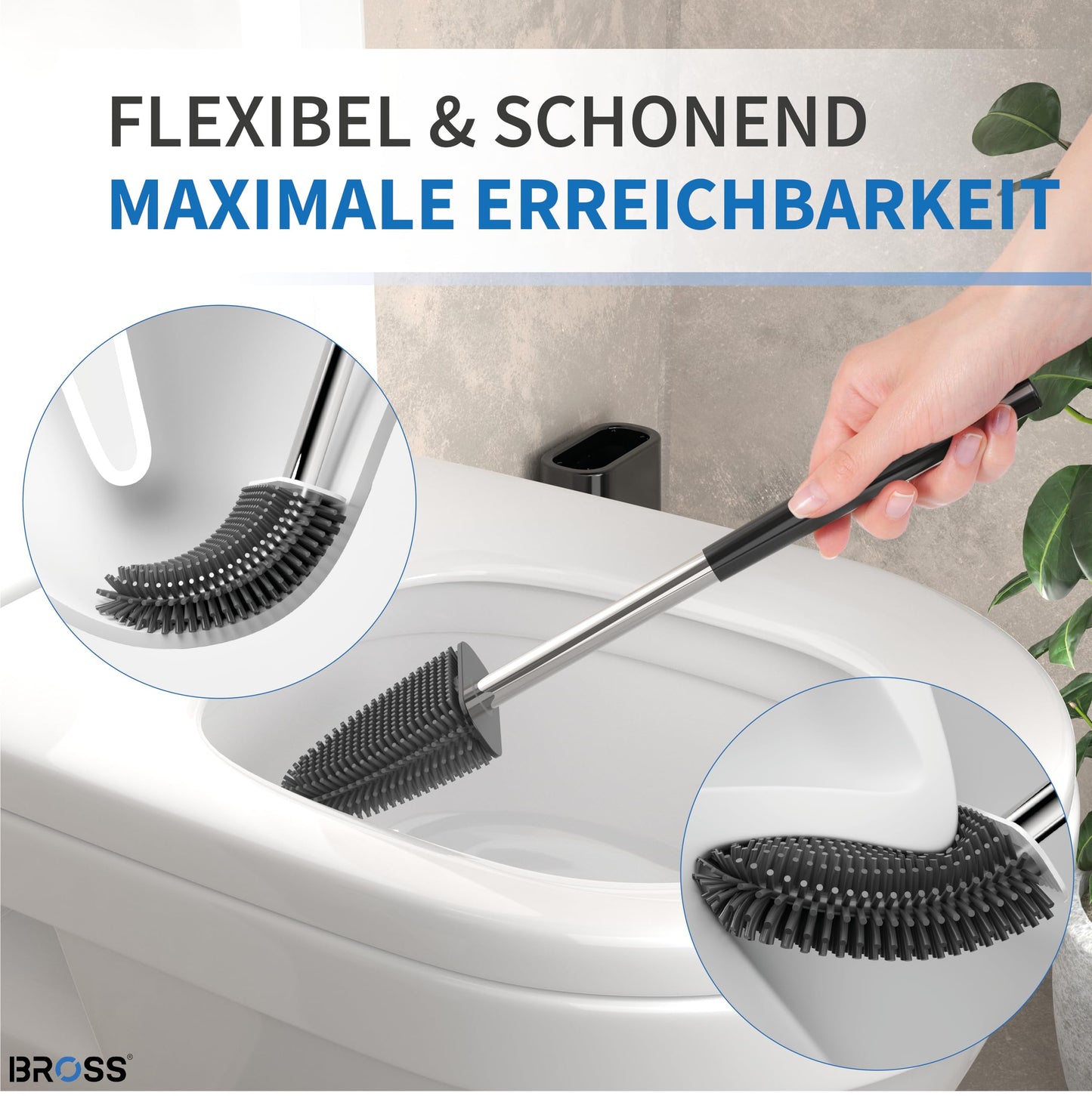 BROSS® Silicone Toilet Brush - Patented toilet brush - Black brush & holder with wall mounting & TurboDrying - Innovative & Antibacterial - 1 piece set