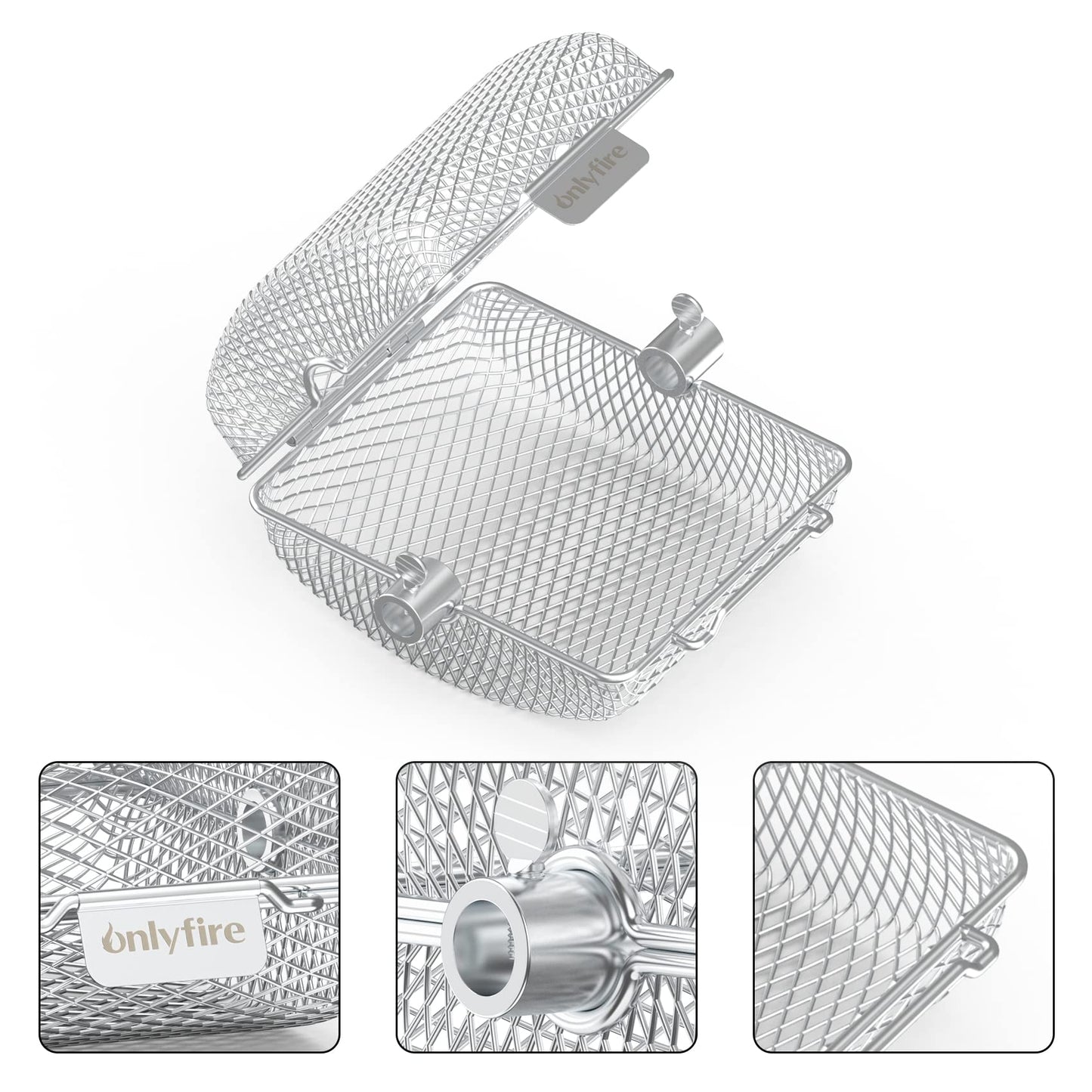 Onlyfire Universal Stainless Steel Grill Basket for Rotisserie, Rotisserie Grill Rack for Skewer, Skewer Basket for Potato Wedges and Vegetable Cubes, 19.2 x 17.5 x 10 cm, 3 pieces.
