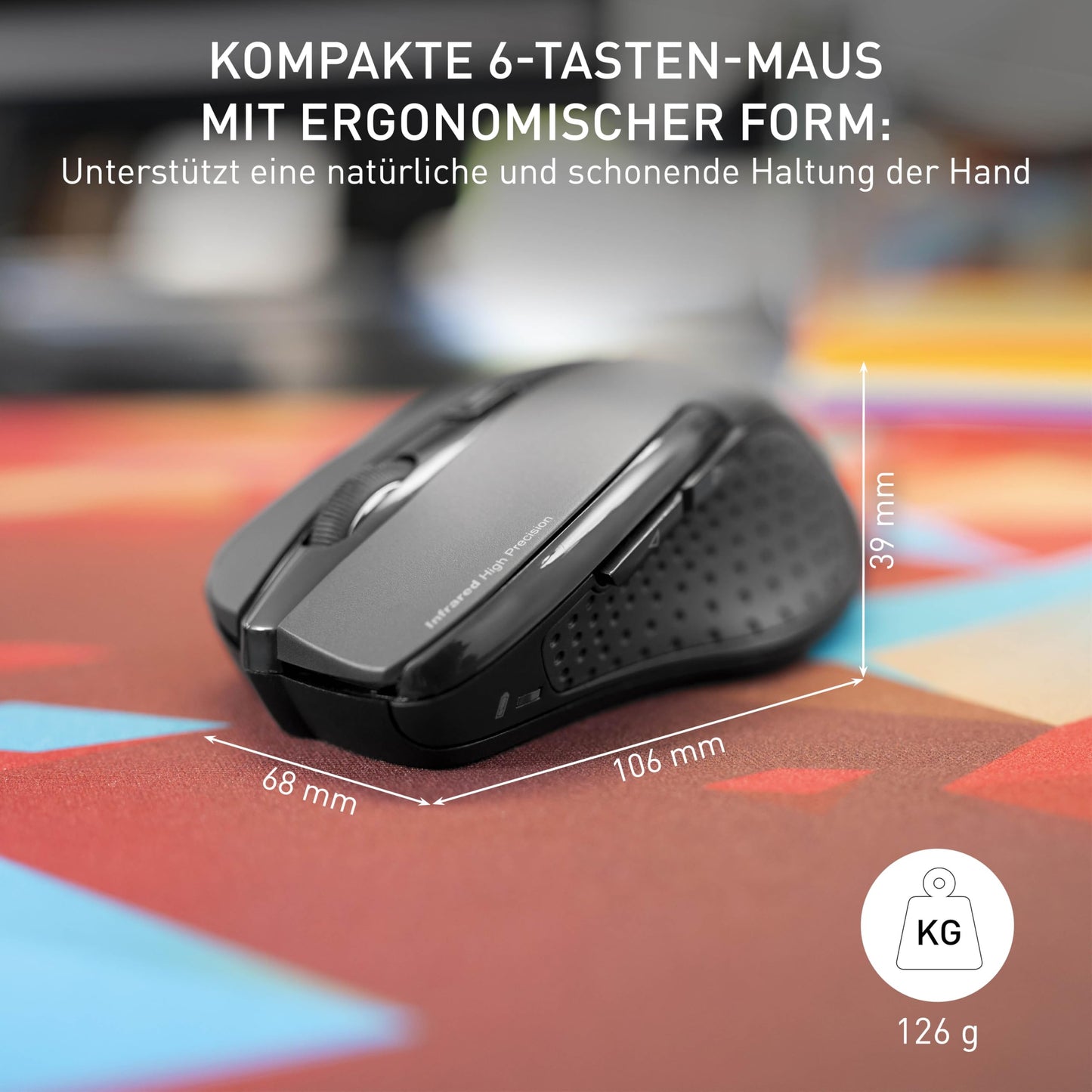 CHERRY MW 3000, Wireless ergonomic mouse for right-handers, 2.4 GHz, 6 buttons, optical sensor, rubberized side grips, battery powered, black.