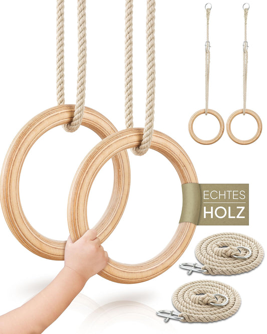 Woudi® gymnastic rings made of laminated solid wood, swing rings with adjustable ropes, for children and adults I Indoor & outdoor use I gymnastics rings I toy (23cm outerø)