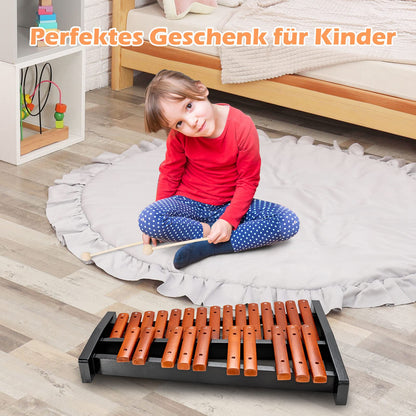 COSTWAY 25 Note Xylophone Glockenspiel, wooden musical instrument, comes with 2 mallets & carrying bag. Suitable for both kids and adults, in brown and black.