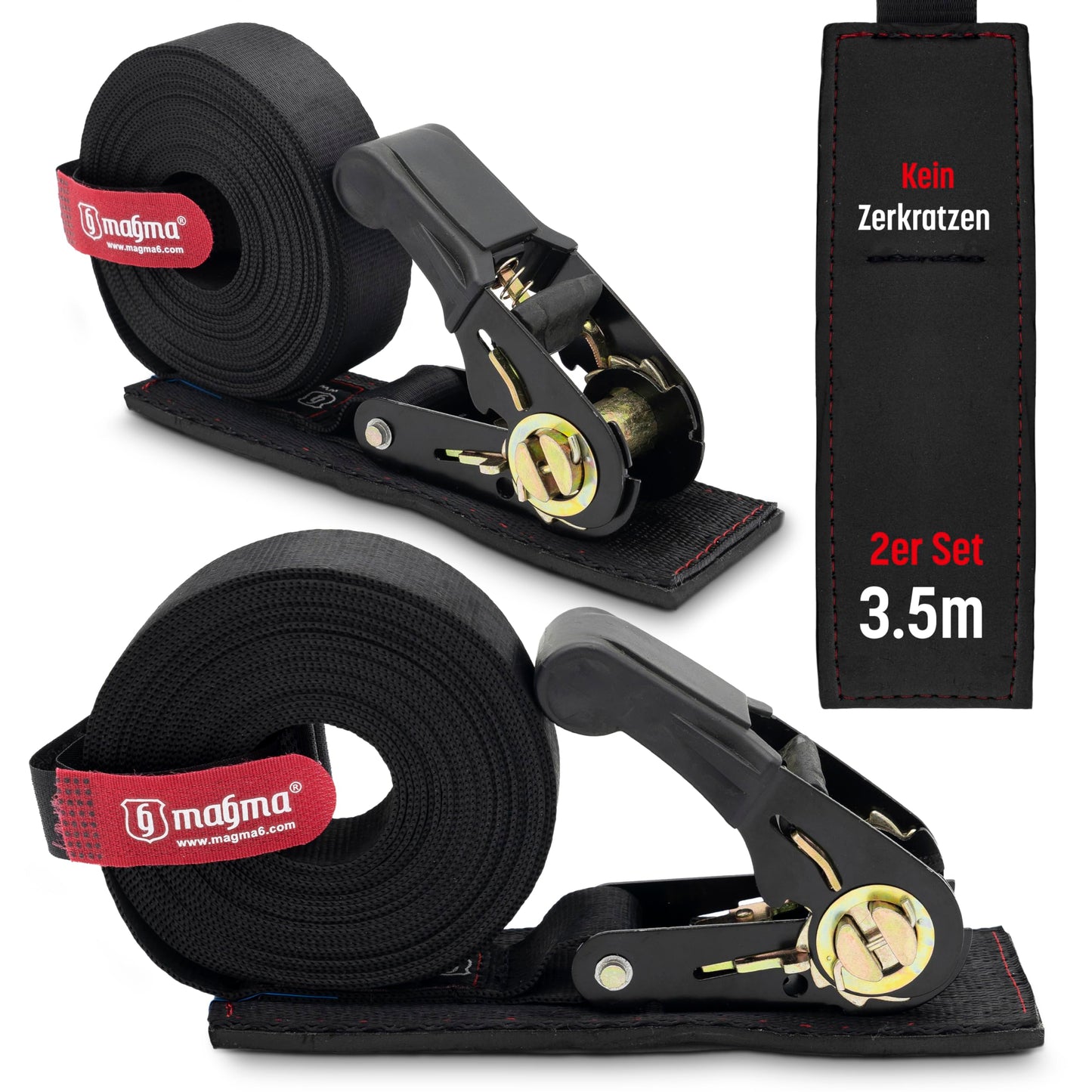 MAGMA | 2-Pack 3.5M Ratchet Straps with Scratch Protection | Ratchet Tie Downs | Strap Set | Tie Down Straps | Secure Kayak, Surfboard, Canoe, Bike, Motorcycle | Capacity: 1600kgf/Unit. Black