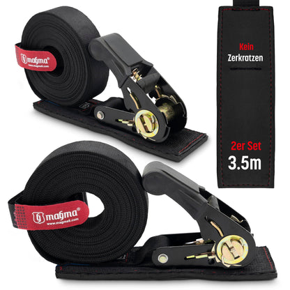 MAGMA | 2-Pack 3.5M Ratchet Straps with Scratch Protection | Ratchet Tie Downs | Strap Set | Tie Down Straps | Secure Kayak, Surfboard, Canoe, Bike, Motorcycle | Capacity: 1600kgf/Unit. Black