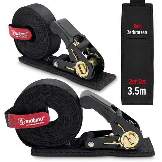 MAGMA | 2-Pack 3.5M Ratchet Straps with Scratch Protection | Ratchet Tie Downs | Strap Set | Tie Down Straps | Secure Kayak, Surfboard, Canoe, Bike, Motorcycle | Capacity: 1600kgf/Unit. Black