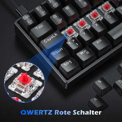 TECURS Mechanical Gaming Keyboard, Mechanical Keyboard 60 Percent QWERTZ Red Switches for PC Gamers and Work, 61 Keys Wired Keyboard for PC Windows/PS5/PS4, Black