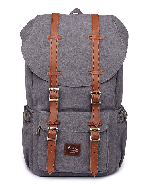 KAUKKO Unisex canvas backpack in vintage style with leather straps as school bag, for hiking, shopping, traveling, camping, and everyday use, 1grey,L.