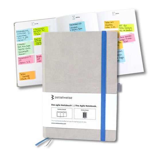 Notepad - The agile notebook A5 | With integrated Kanban Board | incl. 300 sticky notes | More clarity + focus | To do notebook | 192 numbered pages | vegan Hardcover (Gray/Blue)